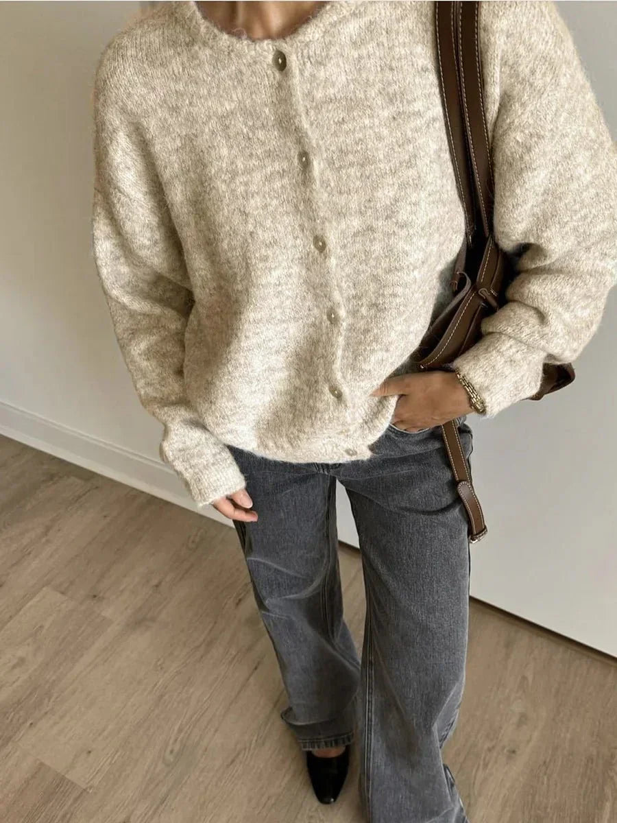 Cárdigan suave de mujer con botones y cuello redondo - blanco, gris, rojo, beige