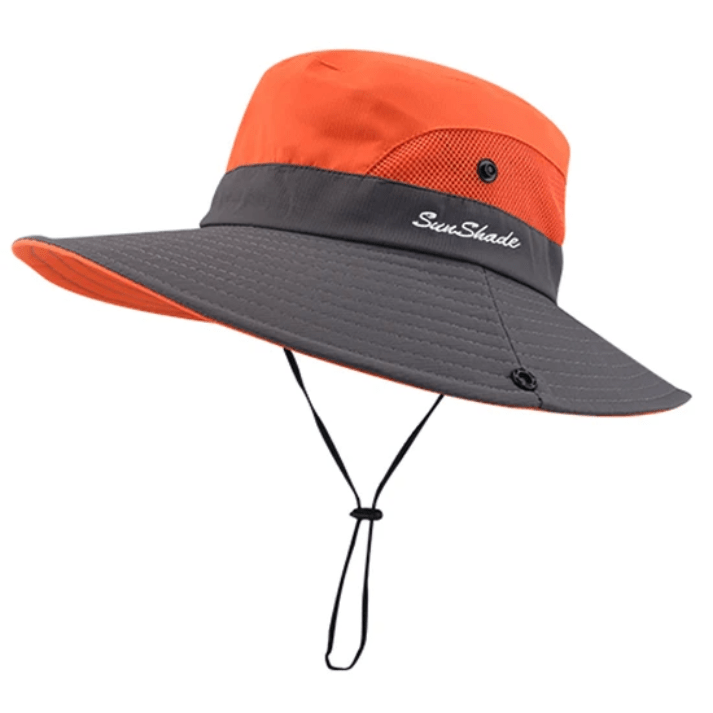 Chapeau de soleil large bord bicolore avec filet et cordon réglable