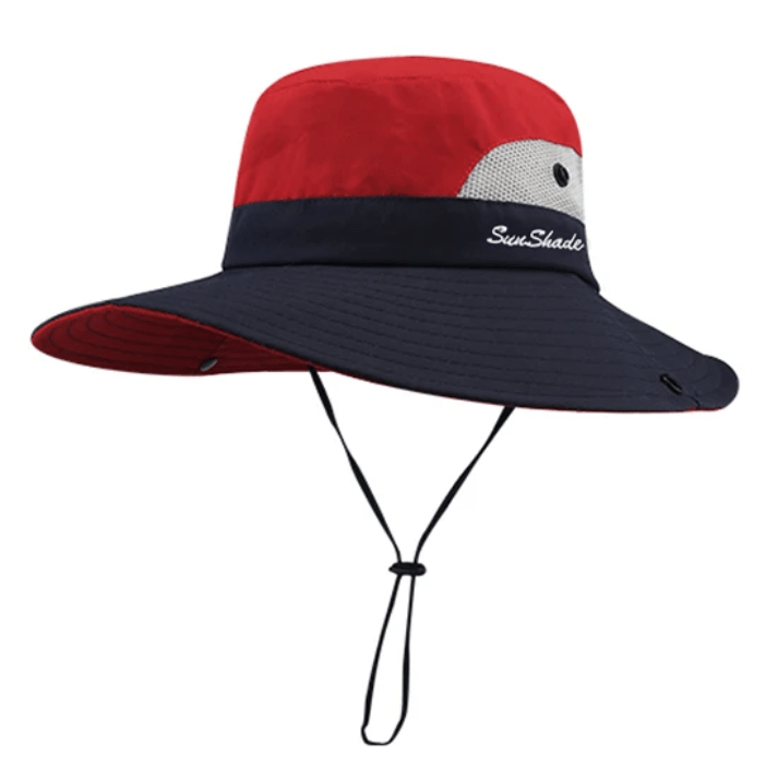 Chapeau de soleil large bord bicolore avec filet et cordon réglable