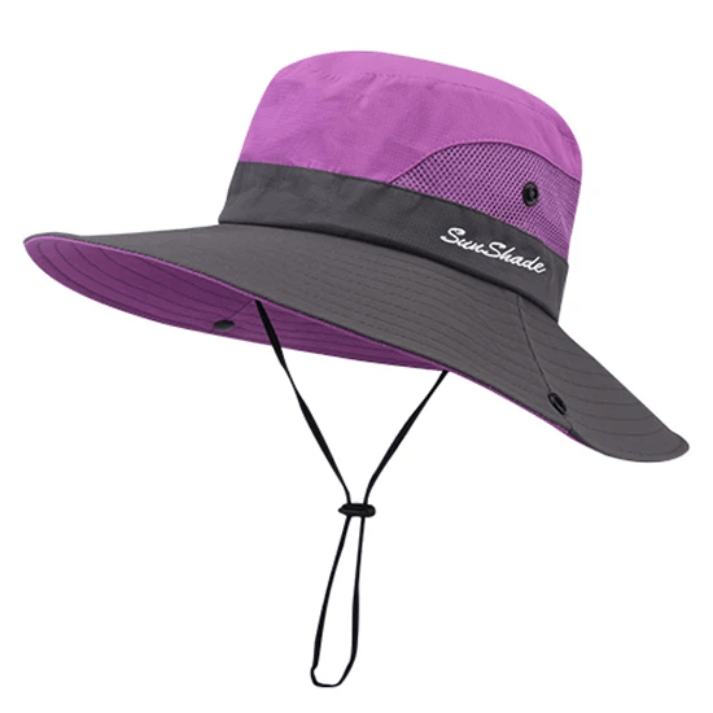 Chapeau de soleil large bord bicolore avec filet et cordon réglable