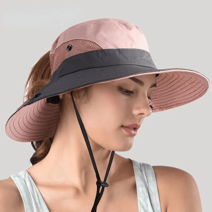 Chapeau de soleil large bord bicolore avec filet et cordon réglable