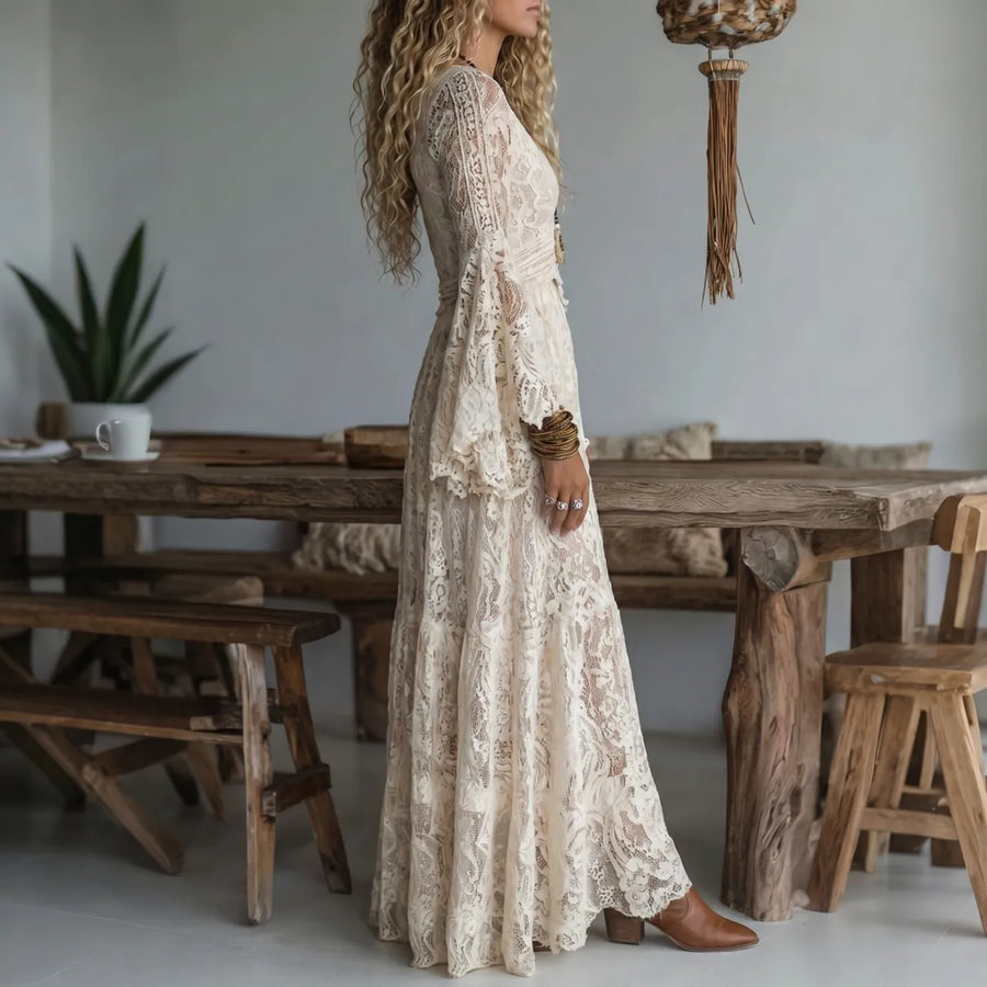 Beige Bohemian-Style Long Lace Dress with V-Neck and Flared Sleeves
