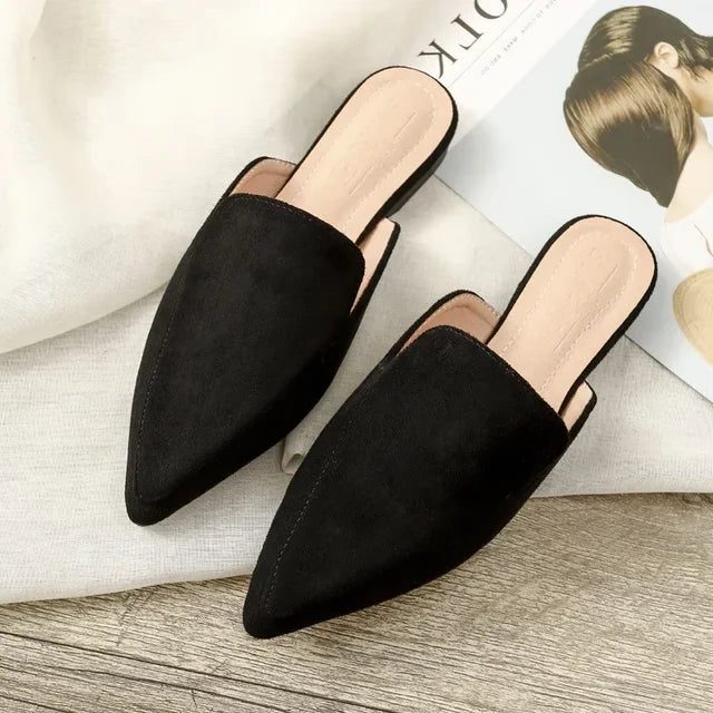 Women's flat pointed-toe mules in soft gray fabric