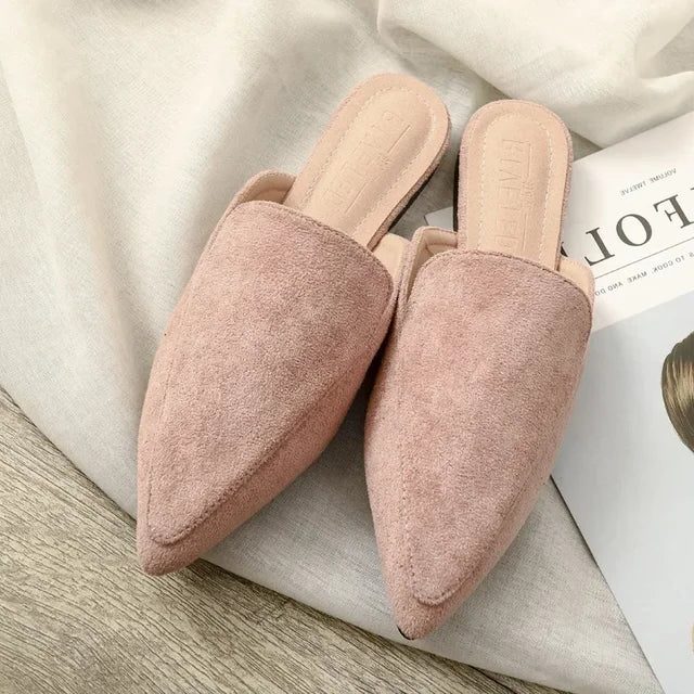 Women's flat pointed-toe mules in soft gray fabric
