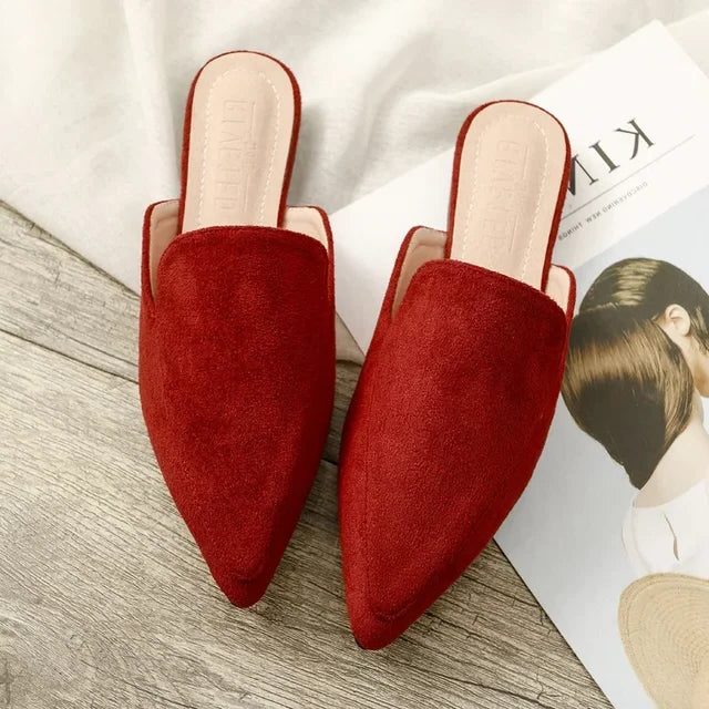 Women's flat pointed-toe mules in soft gray fabric