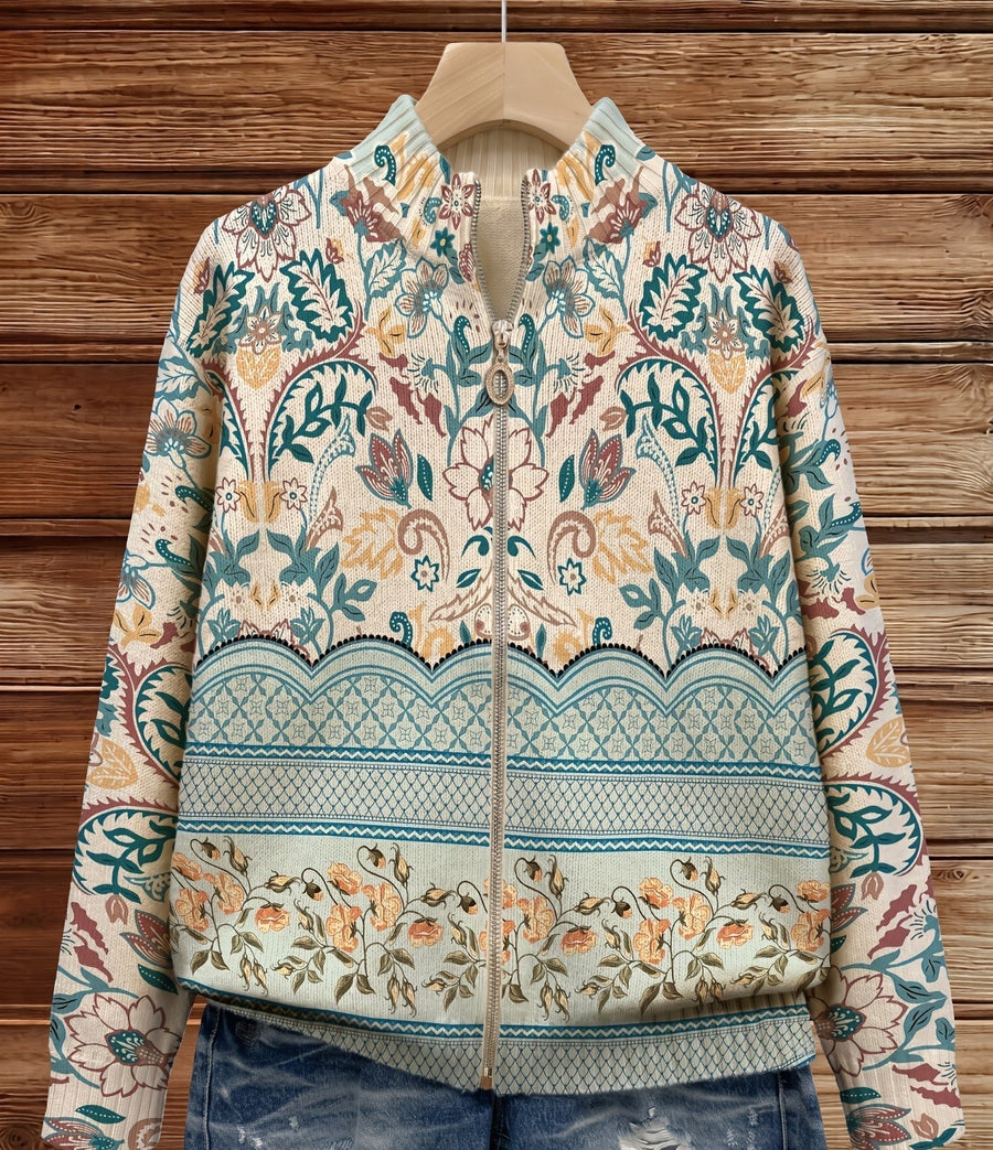 Damesjack met beige bloemenprint en ritssluiting