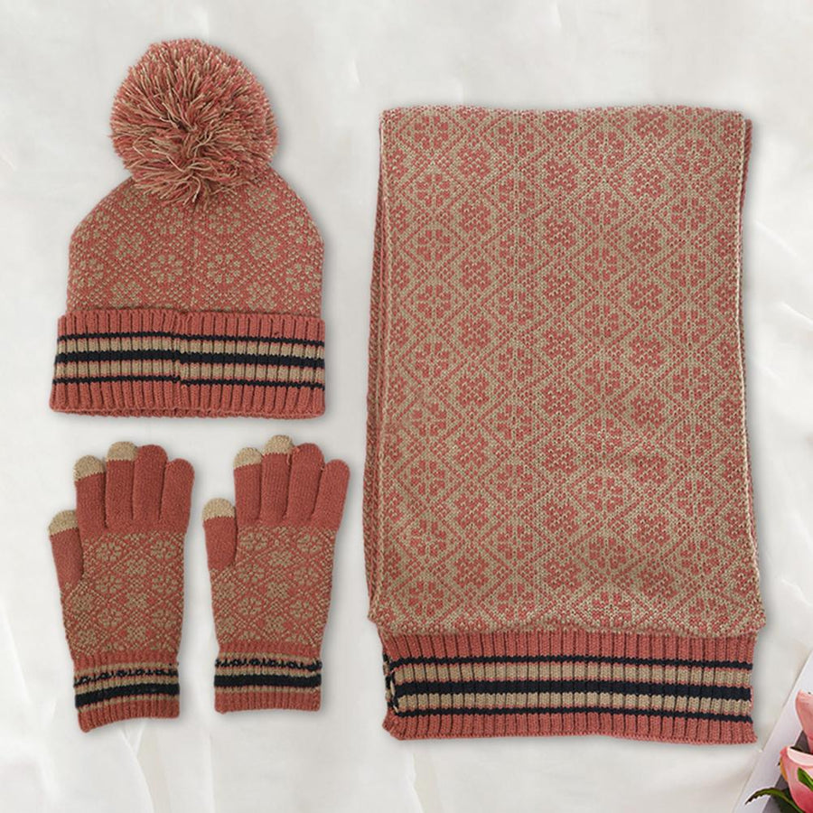 Gebreide set met muts, sjaal en handschoenen, wintermotief met pompon