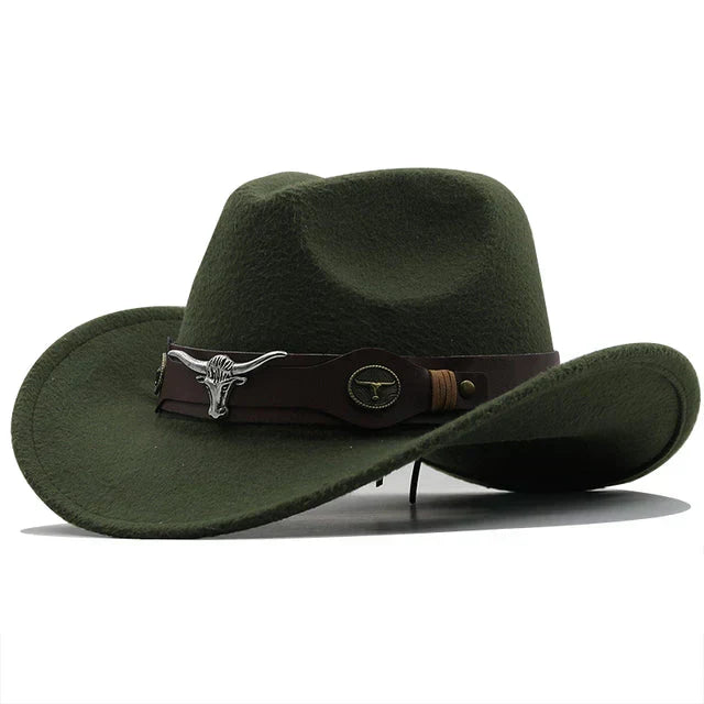 Chapeau de cowboy unisexe style occidental, bords recourbés avec bande décorative et tête de taureau