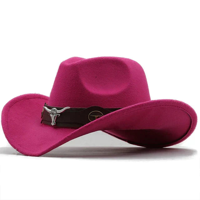 Chapeau de cowboy unisexe style occidental, bords recourbés avec bande décorative et tête de taureau