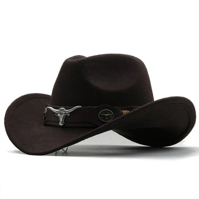 Chapeau de cowboy unisexe style occidental, bords recourbés avec bande décorative et tête de taureau