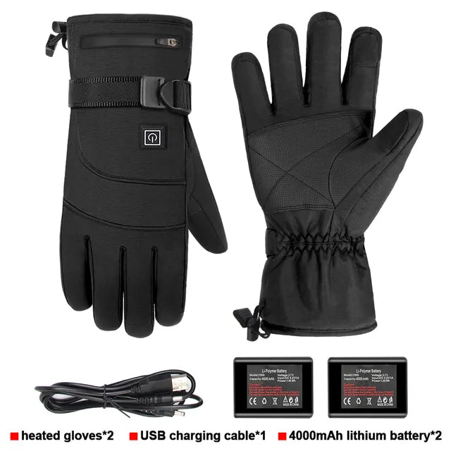 Guantes de esquí negros calefactables e impermeables con pantalla táctil y correa ajustable