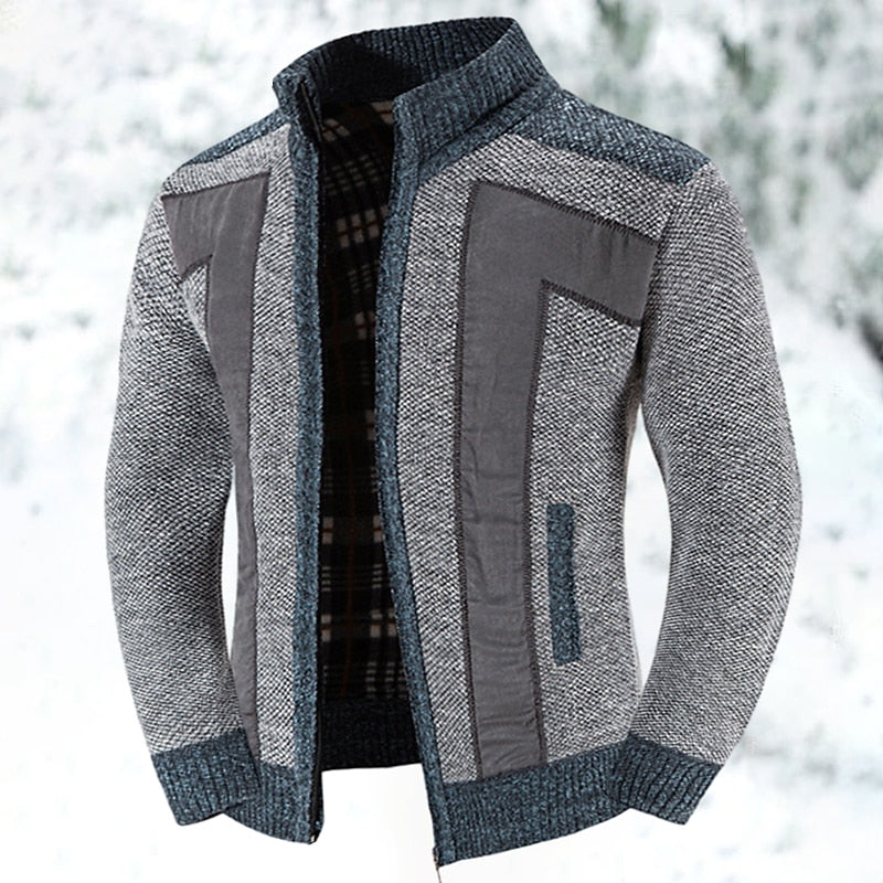 Men's Knit Jacket with Panel Details and Zipped Stand Collar