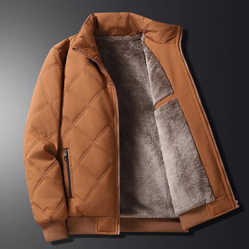Men's diamond-quilted jacket with a stand-up collar and soft interior, gray