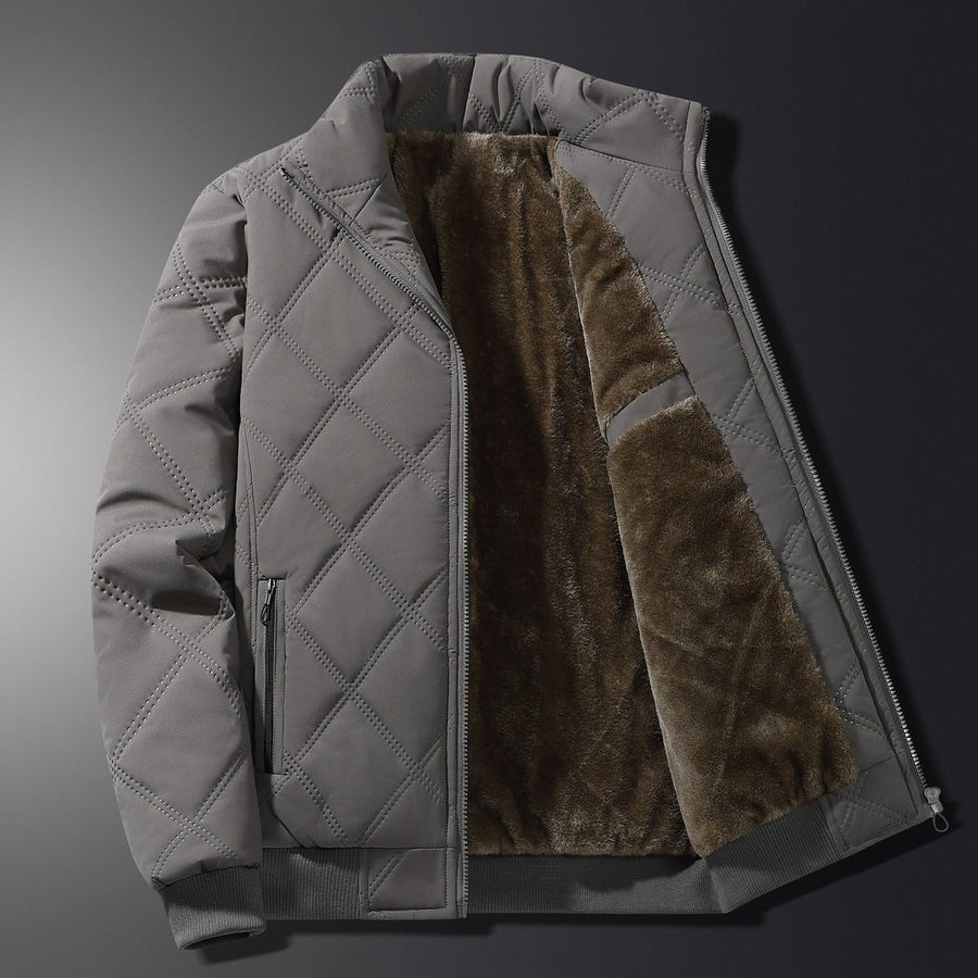Men's diamond-quilted jacket with a stand-up collar and soft interior, gray