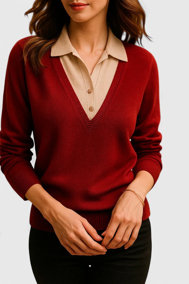 Suéter de mujer con cuello en V y panel de color contrastante