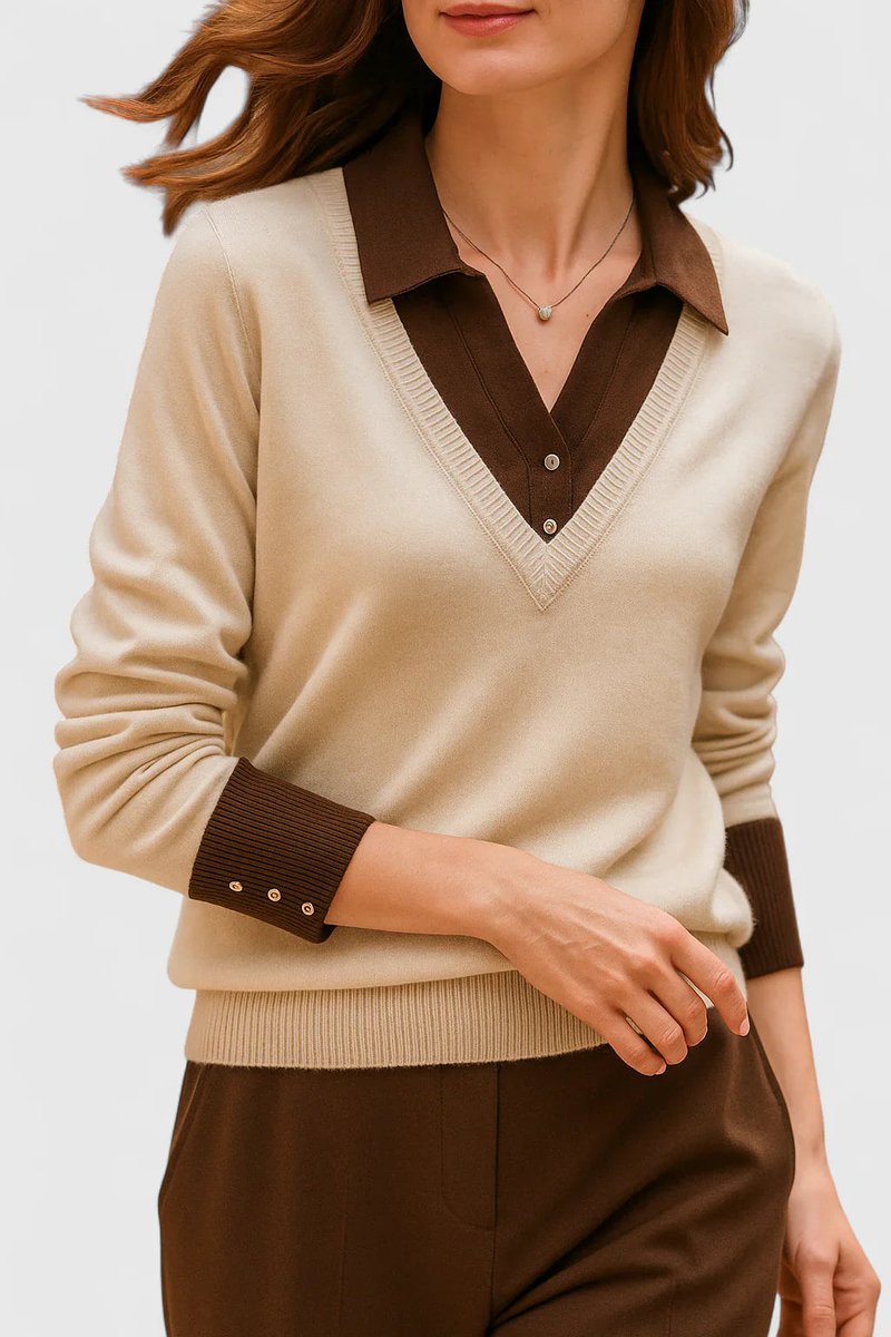 Suéter de mujer con cuello en V y panel de color contrastante