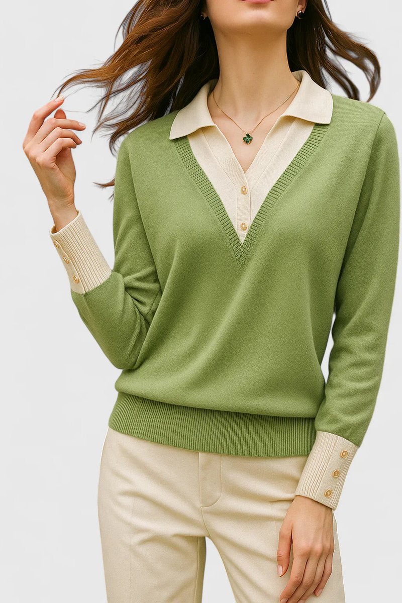 Suéter de mujer con cuello en V y panel de color contrastante