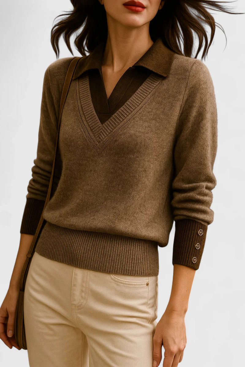 Suéter de mujer con cuello en V y panel de color contrastante