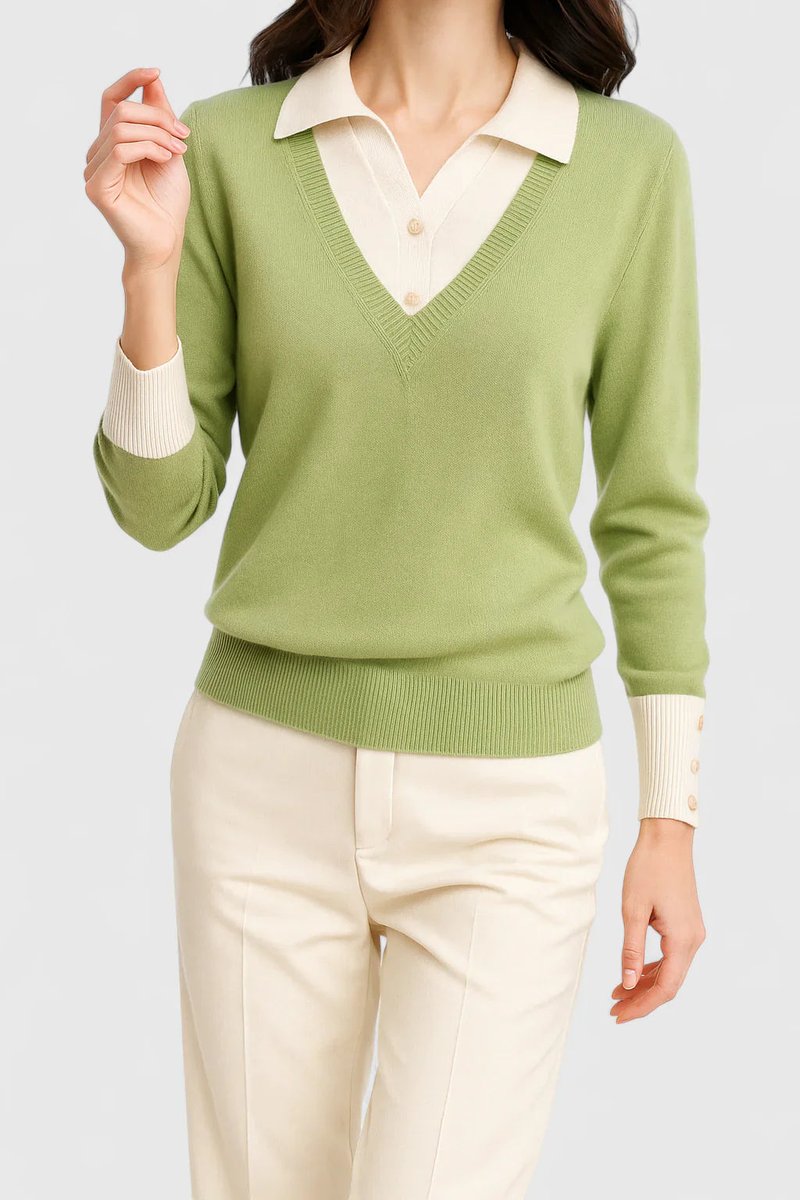 Suéter de mujer con cuello en V y panel de color contrastante