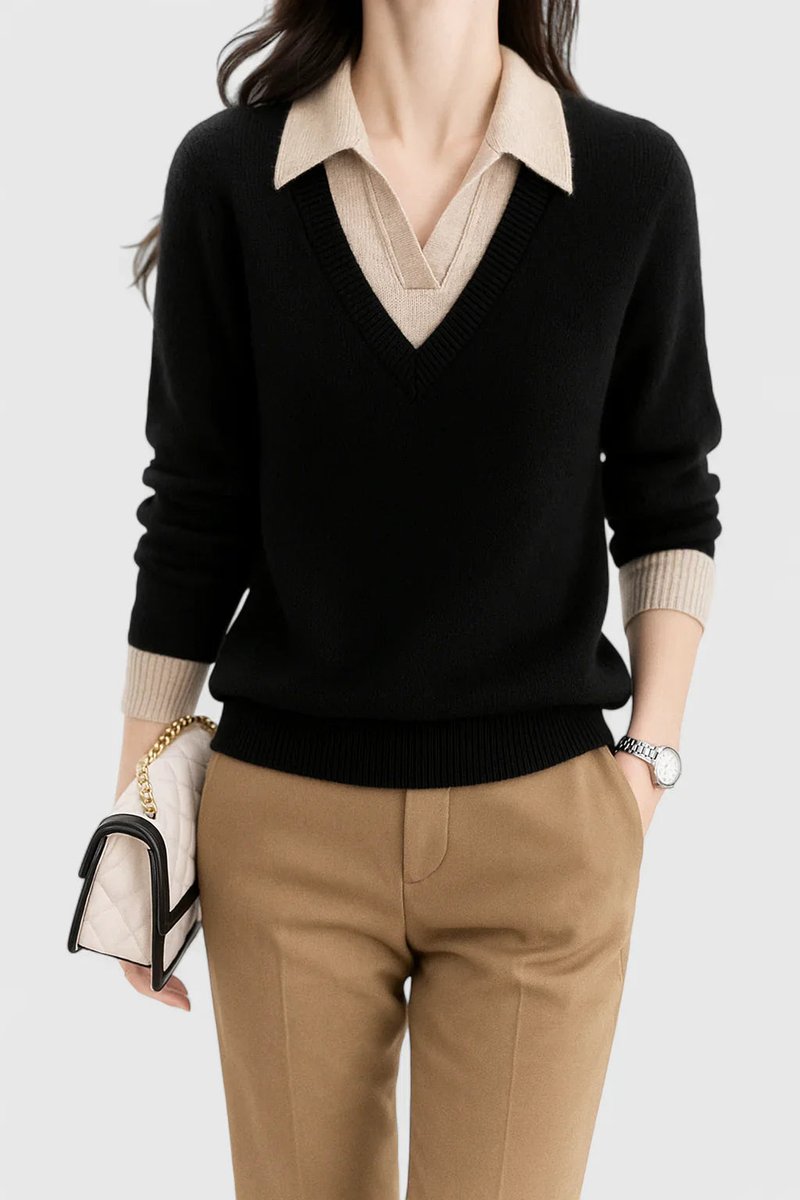 Suéter de mujer con cuello en V y panel de color contrastante