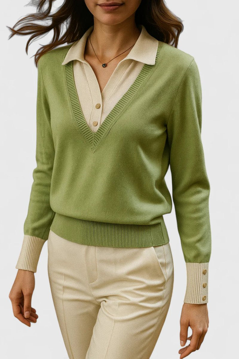 Suéter de mujer con cuello en V y panel de color contrastante