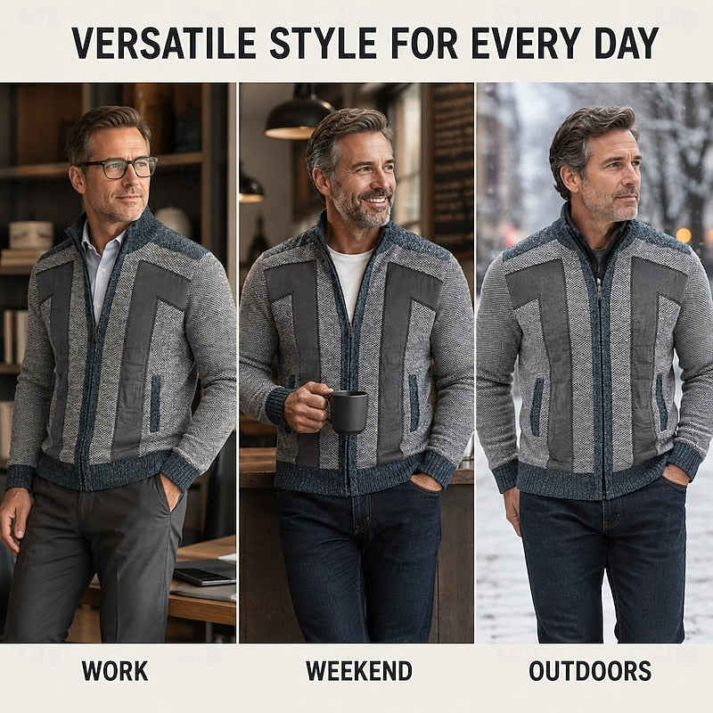 Men's Knit Jacket with Panel Details and Zipped Stand Collar