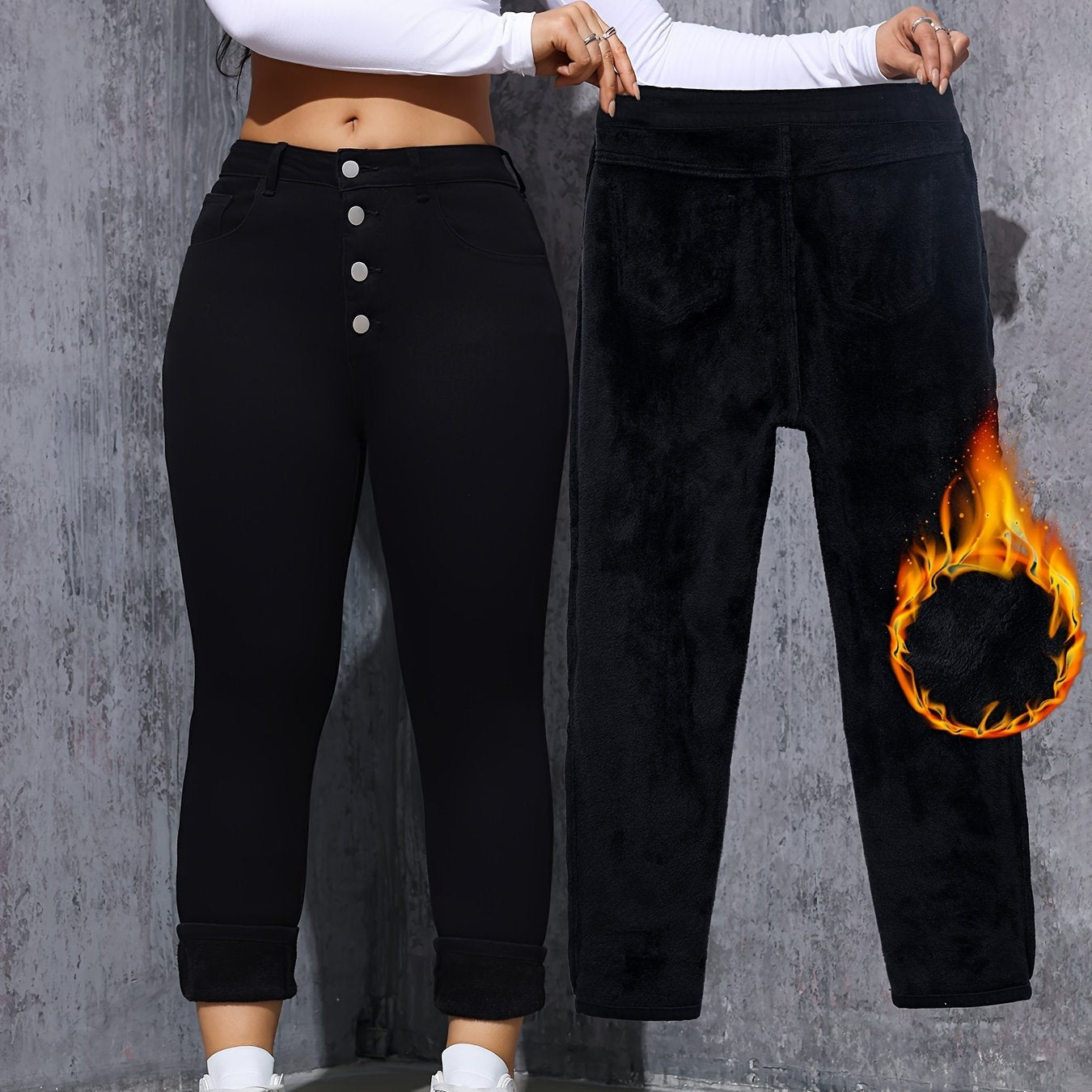 Jean Skinny Femme Noir Taille Haute à Boutons Doublé Chaud