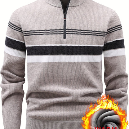 Pull Homme Col Montant Zippé Rayures Horizontales Beige Chaud