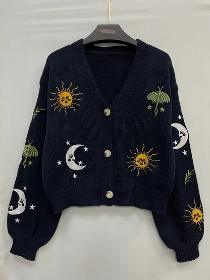 Cardigan court en maille pour femme, col en V, manches longues, motifs soleil et lune brodés