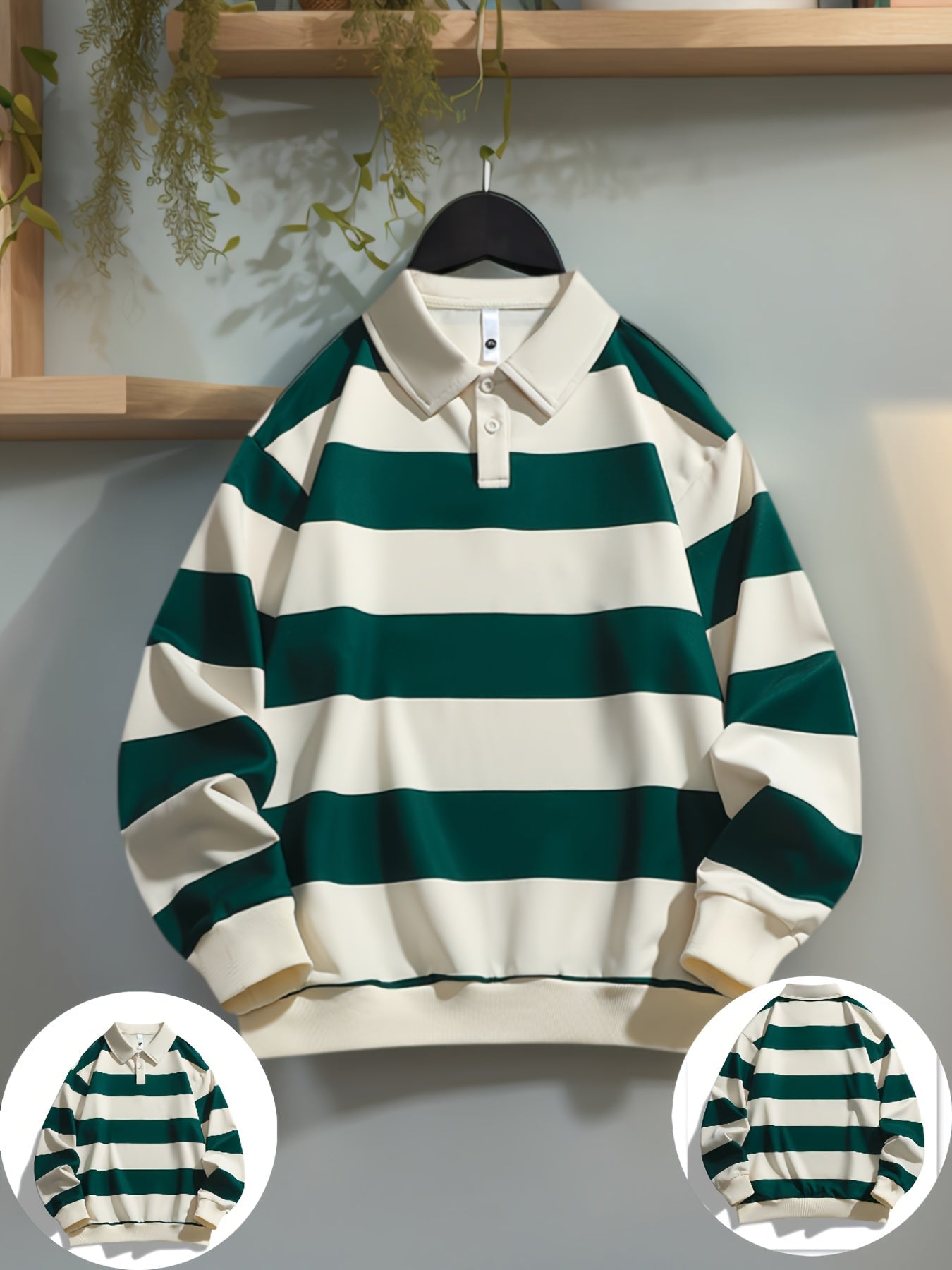 Polo manches longues à rayures horizontales marron et blanc cassé pour homme