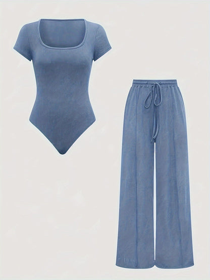 Ensemble Femme Body Col Carré et Pantalon Large Taille Haute Style Décontracté Printemps Été