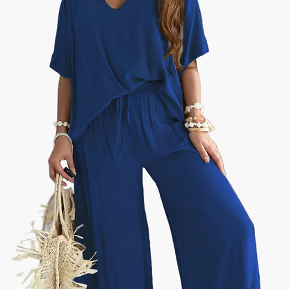 Combinaison Pantalon Femme Style Décontracté Chic à Manches Courtes et Col V – Parfaite pour Printemps et Été