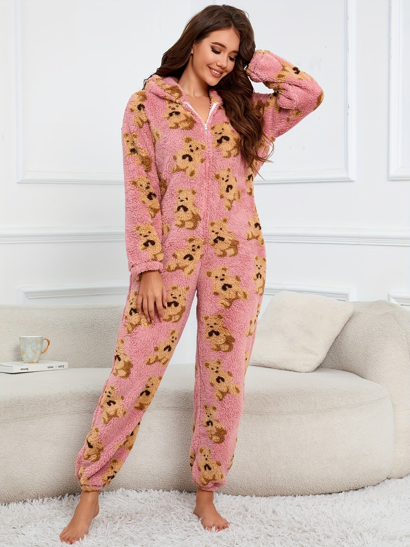 Combinaison Pyjama Polaire Femme à Capuche Ourson ou Pois Colorés Fermeture Éclair
