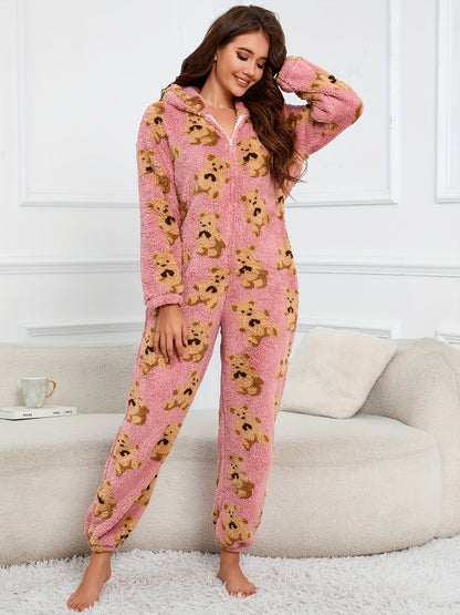 Combinaison Pyjama Polaire Femme à Capuche Ourson ou Pois Colorés Fermeture Éclair
