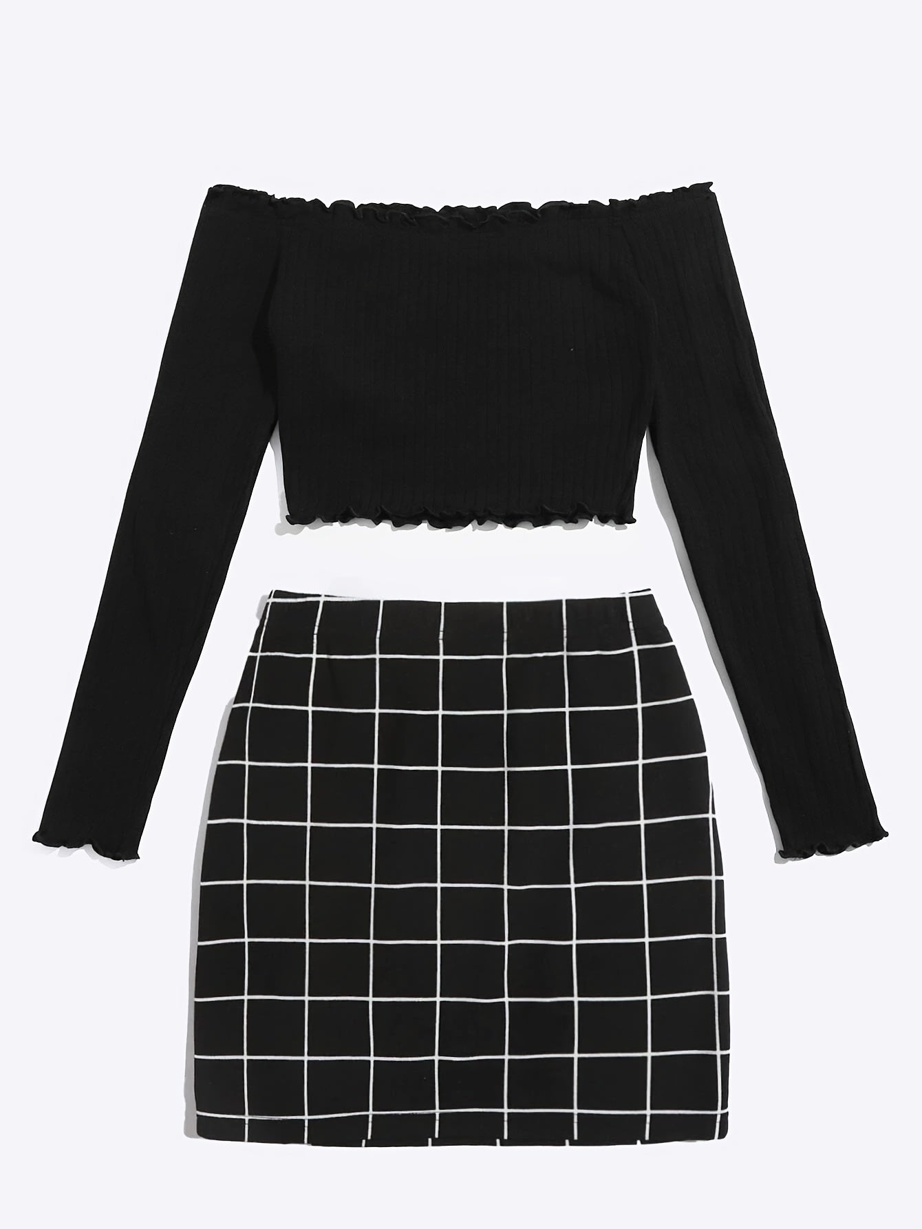Ensemble Femme Chic à Carreaux Style Épaule Dénudée – Idéal Printemps Été