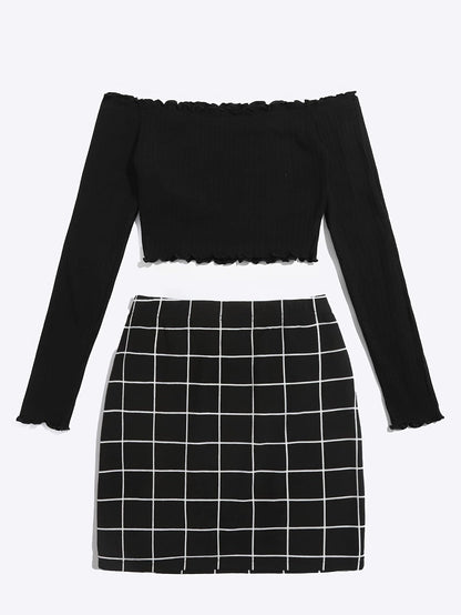 Ensemble Femme Chic à Carreaux Style Épaule Dénudée – Idéal Printemps Été