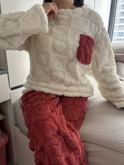 Pyjama Femme Doux Bicolore Motif Cœurs avec Poche Poitrine