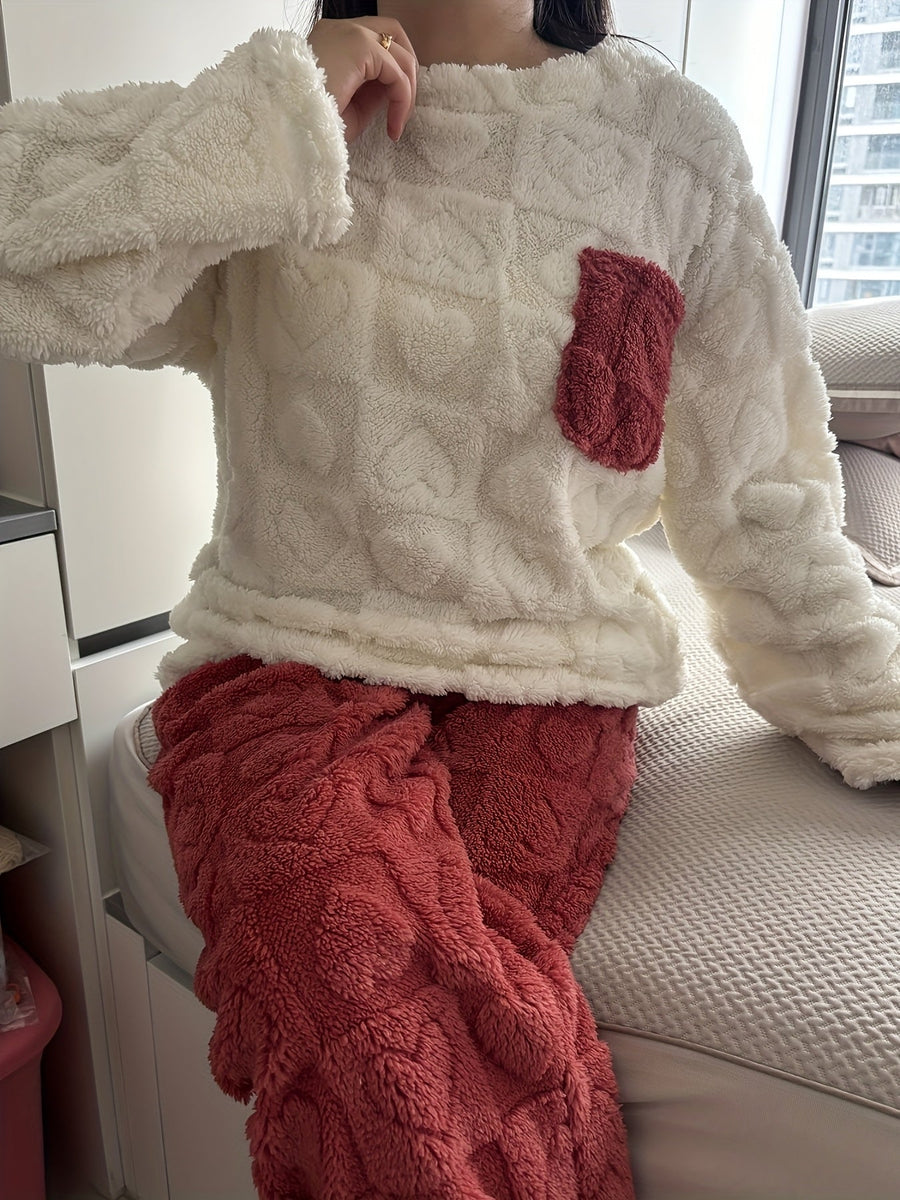 Pyjama Femme Doux Bicolore Motif Cœurs avec Poche Poitrine