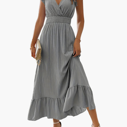 Abito lungo elegante da donna stile vacanze con maniche volant e vita arricciata