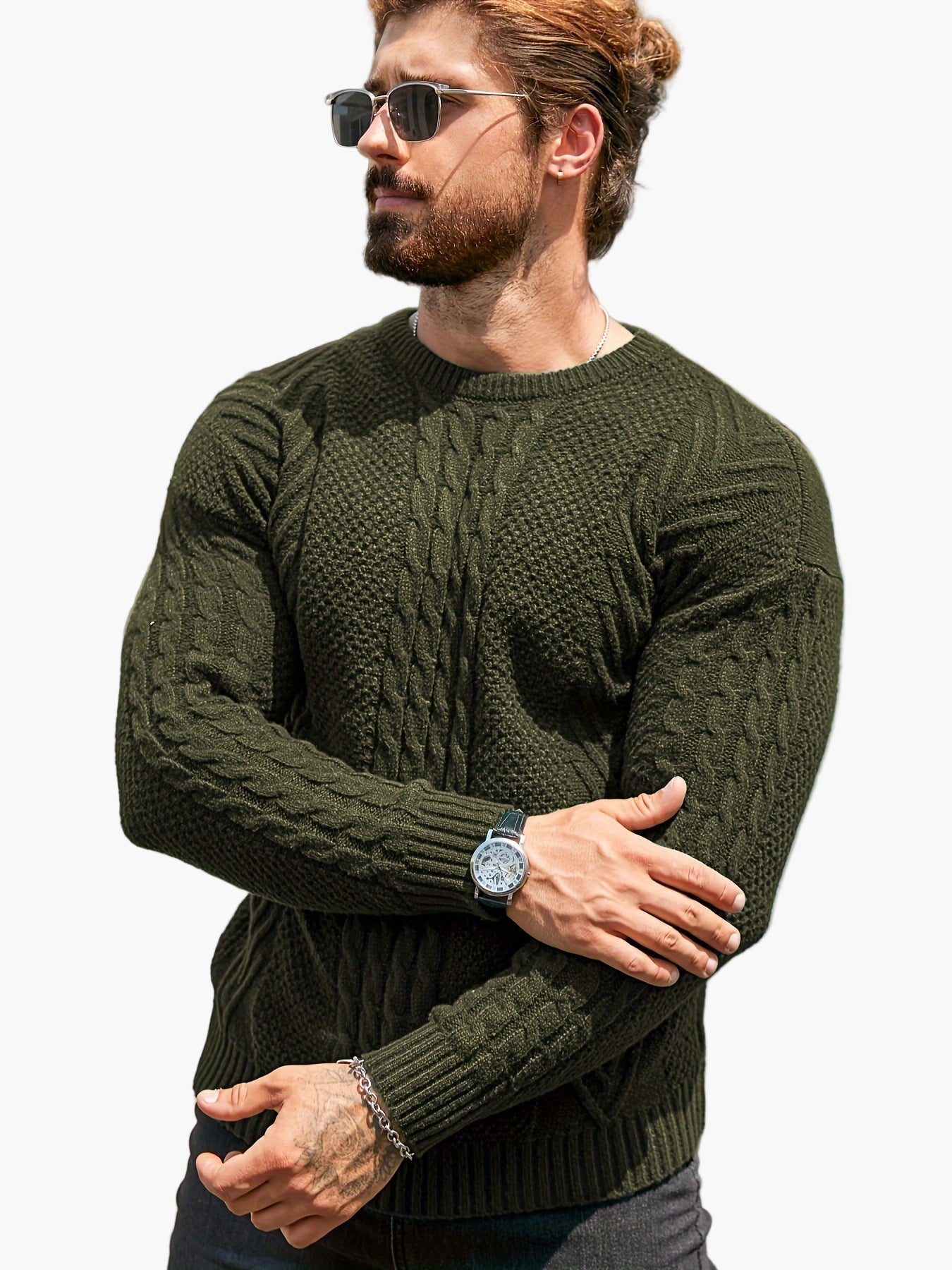 Jersey de punto trenzado para hombre estilo urbano casual – Mangas largas, elegante otoño/invierno