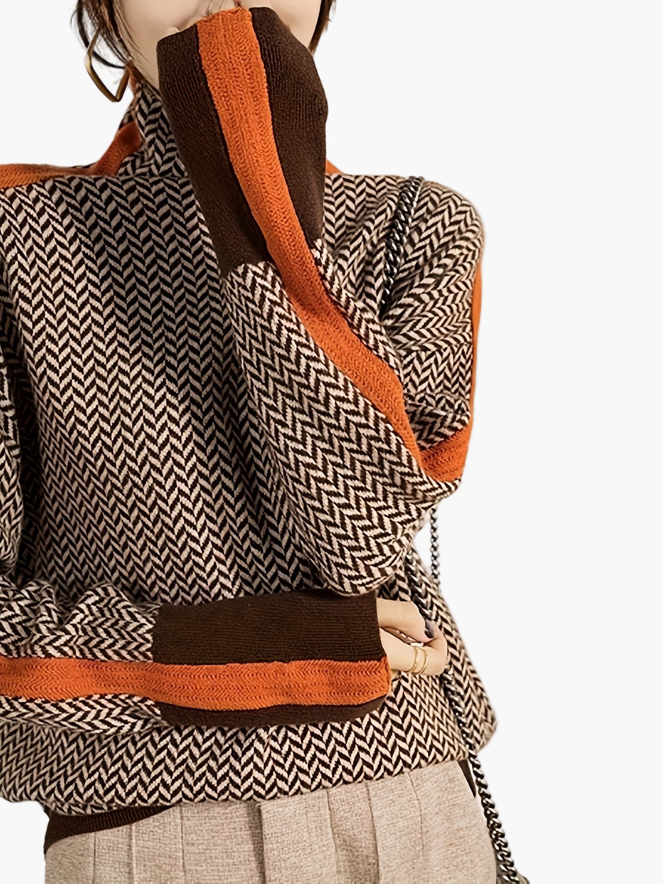 Maglione Invernale Donna Collo Alto Motivo Geometrico Stile Elegante Casual