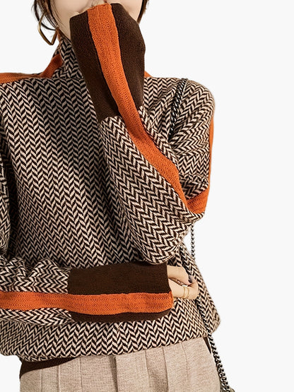 Maglione Invernale Donna Collo Alto Motivo Geometrico Stile Elegante Casual