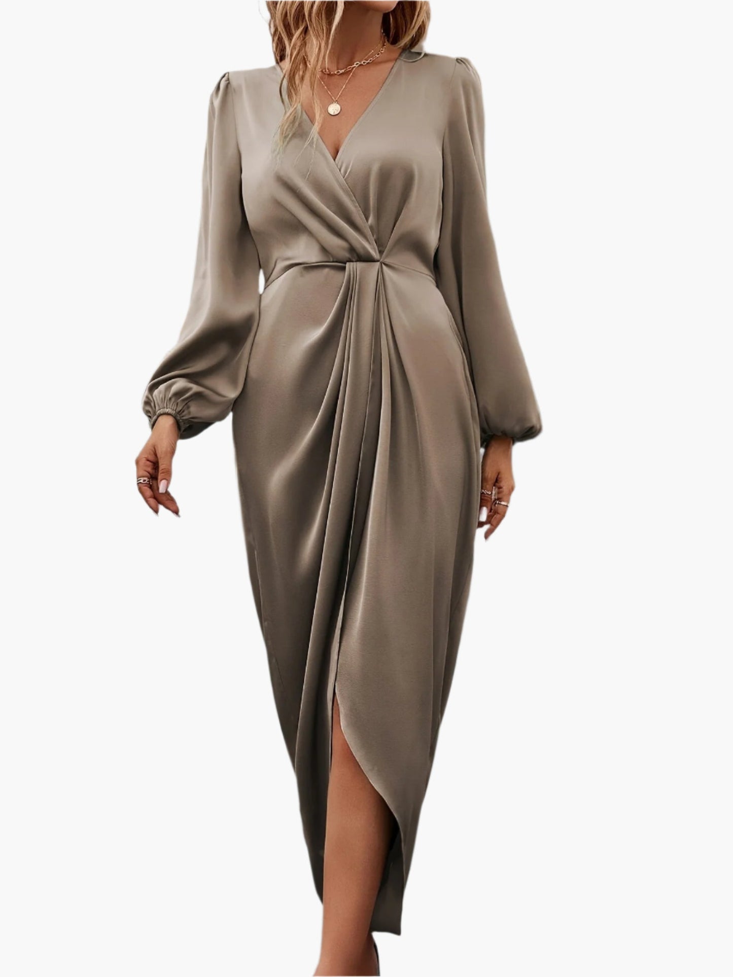 Elegant aftenkjole med slå-om design til kvinder, chic draperet stil til festlige lejligheder