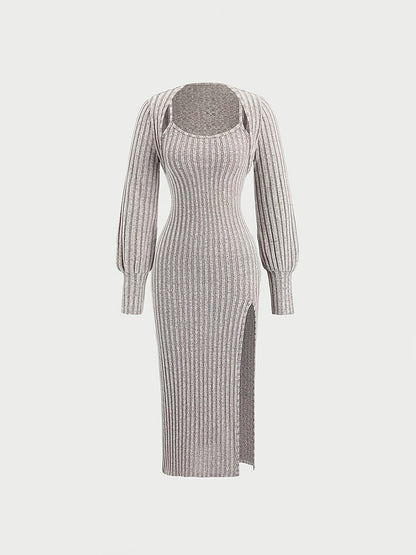 Ensemble Robe Midi Bretelles Fines & Boléro Court Manches Longues Maille Côtelée