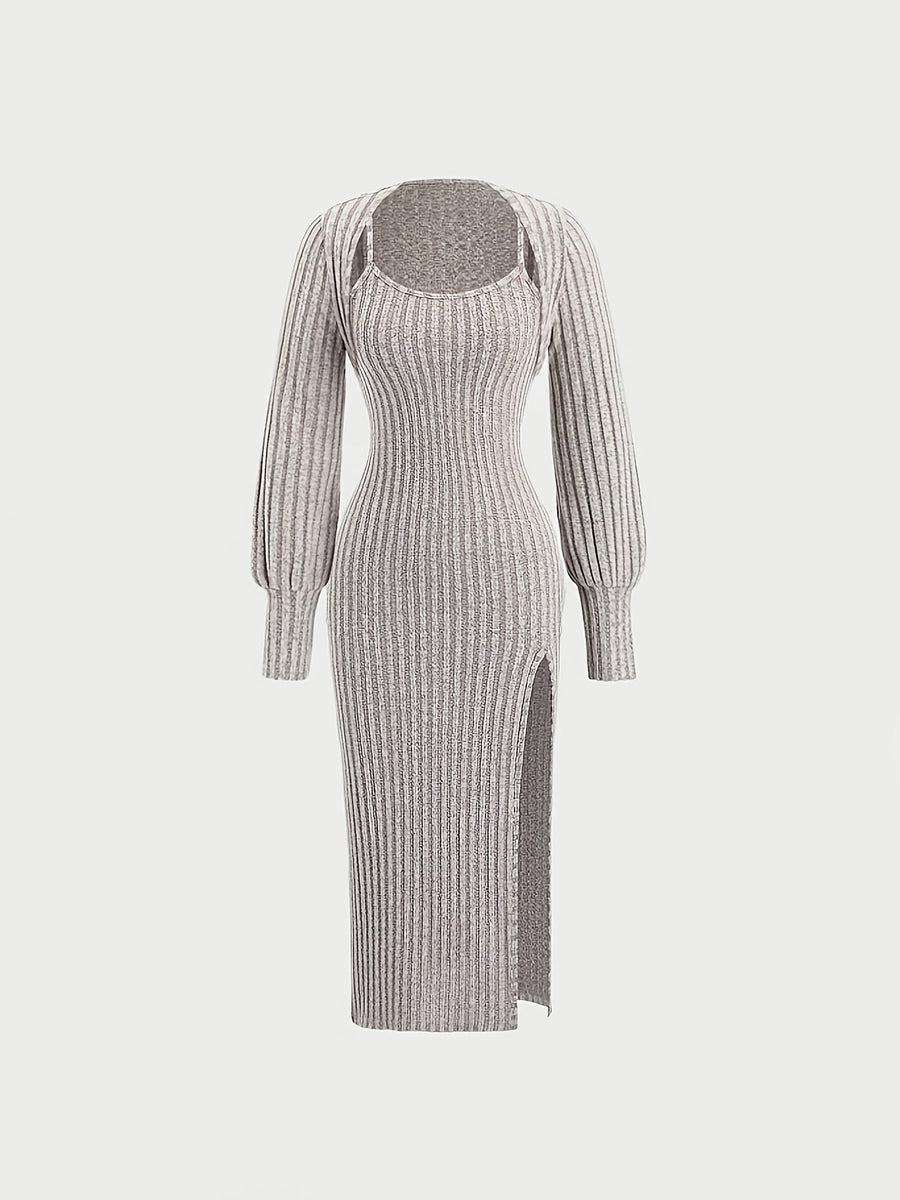 Ensemble Robe Midi Bretelles Fines & Boléro Court Manches Longues Maille Côtelée