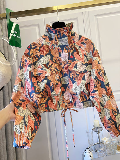 Veste courte à motif floral et abstrait pour femme avec col montant et cordon de serrage