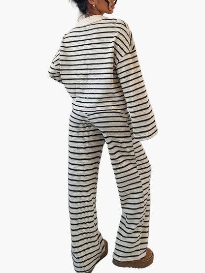 Elegantes Damen-Set mit weitem gestreiftem Pullover und weiter Hose, lässiger Stil für Herbst und Winter