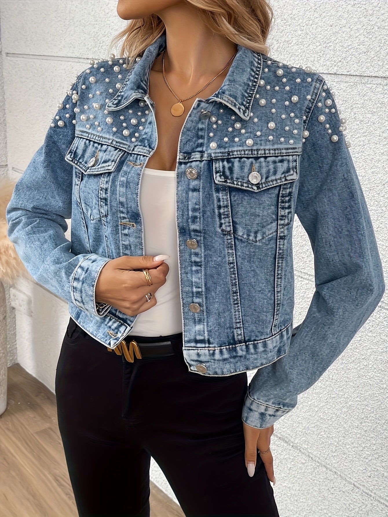 Veste en Jean Femme Bleue Décorée de Perles Manches Longues