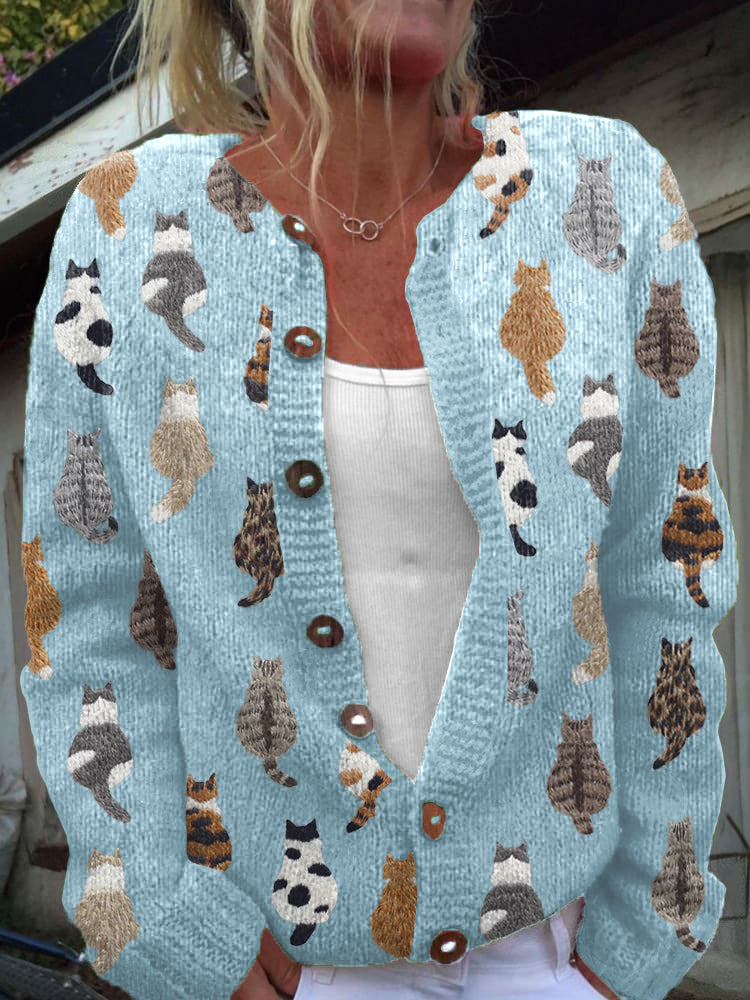 Beige strikket cardigan til kvinner med kattemønster og treknapper