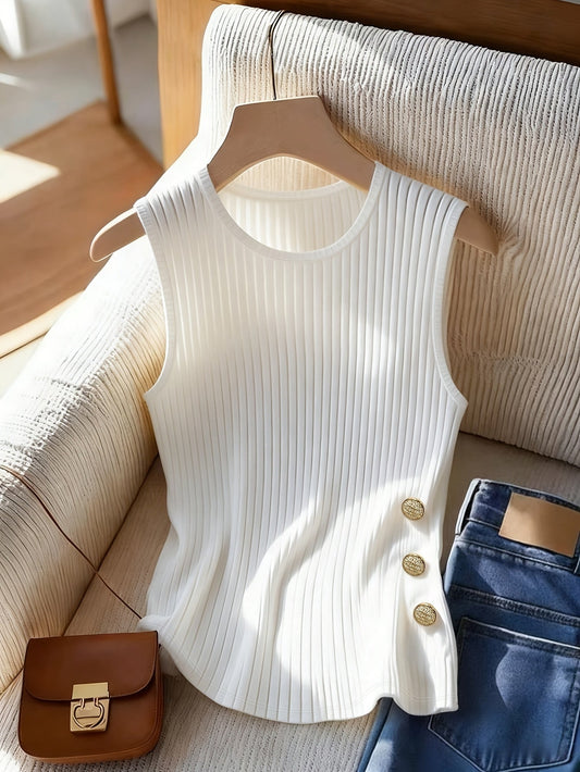 Elegant Women's Tank Top with Decorative Buttons, Modern Style